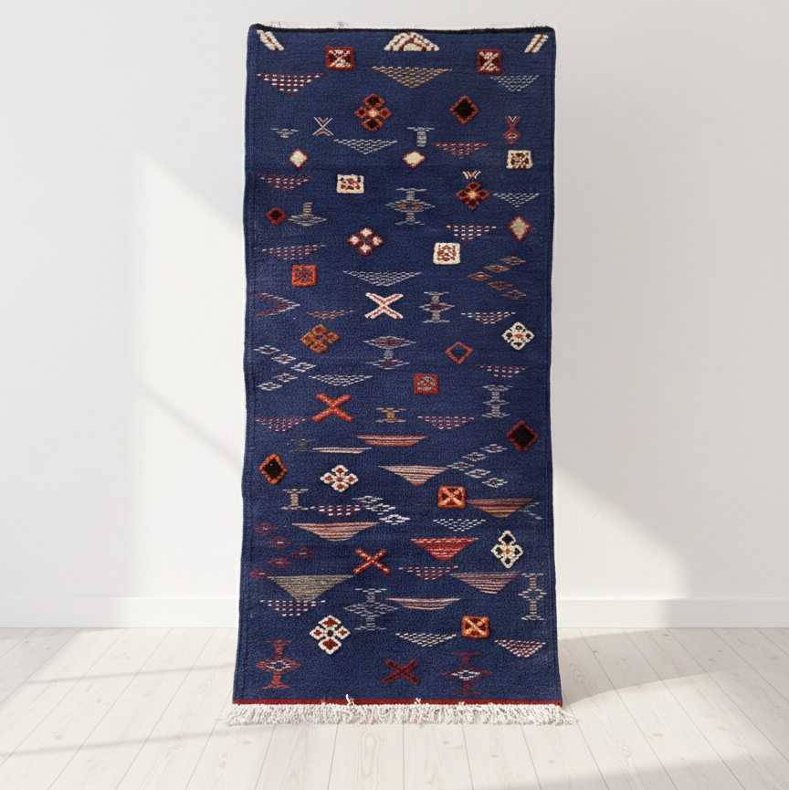 Navy blue rug with geometric pattern on a white floor and background