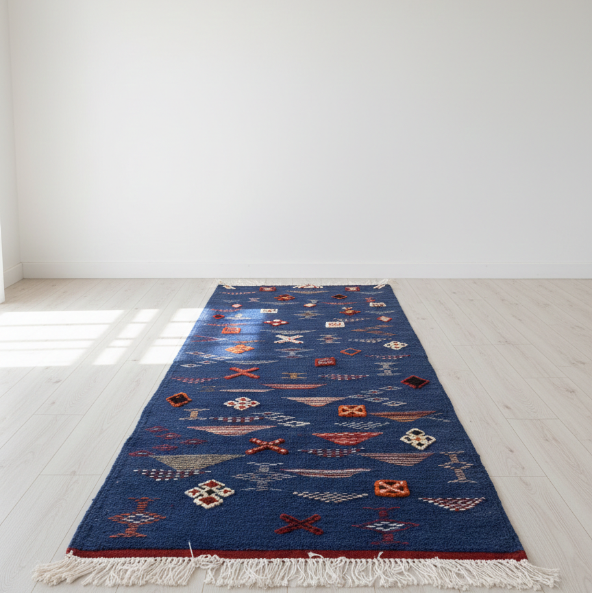 navy blue rug with geometric patterns on a light wooden floor.