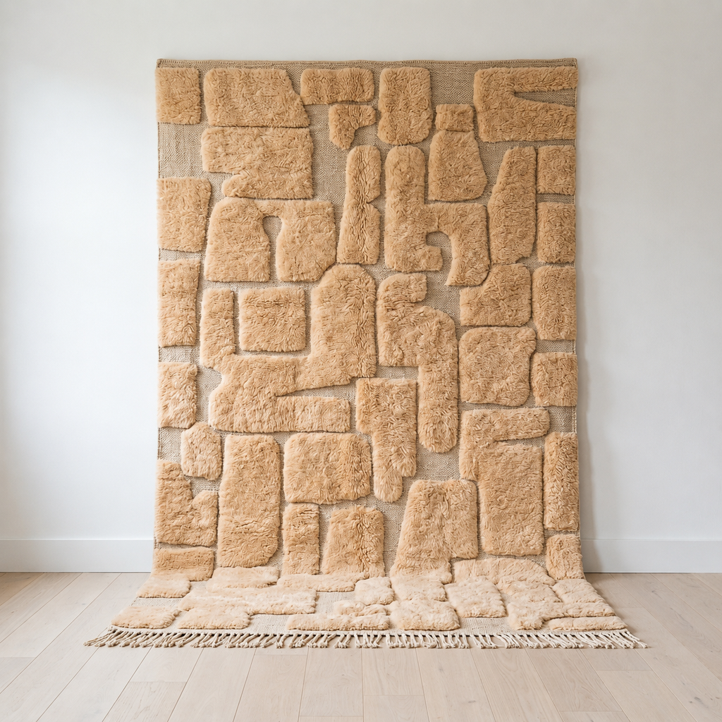 Beni Ourain Moroccan rug in sand wool 118 x 79 in with raised pile blocks on a flatweave ground