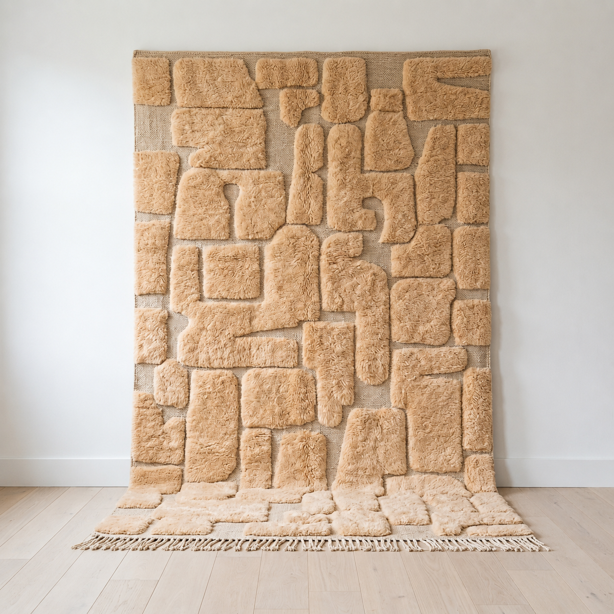 Beni Ourain Moroccan rug in sand wool 118 x 79 in with raised pile blocks on a flatweave ground