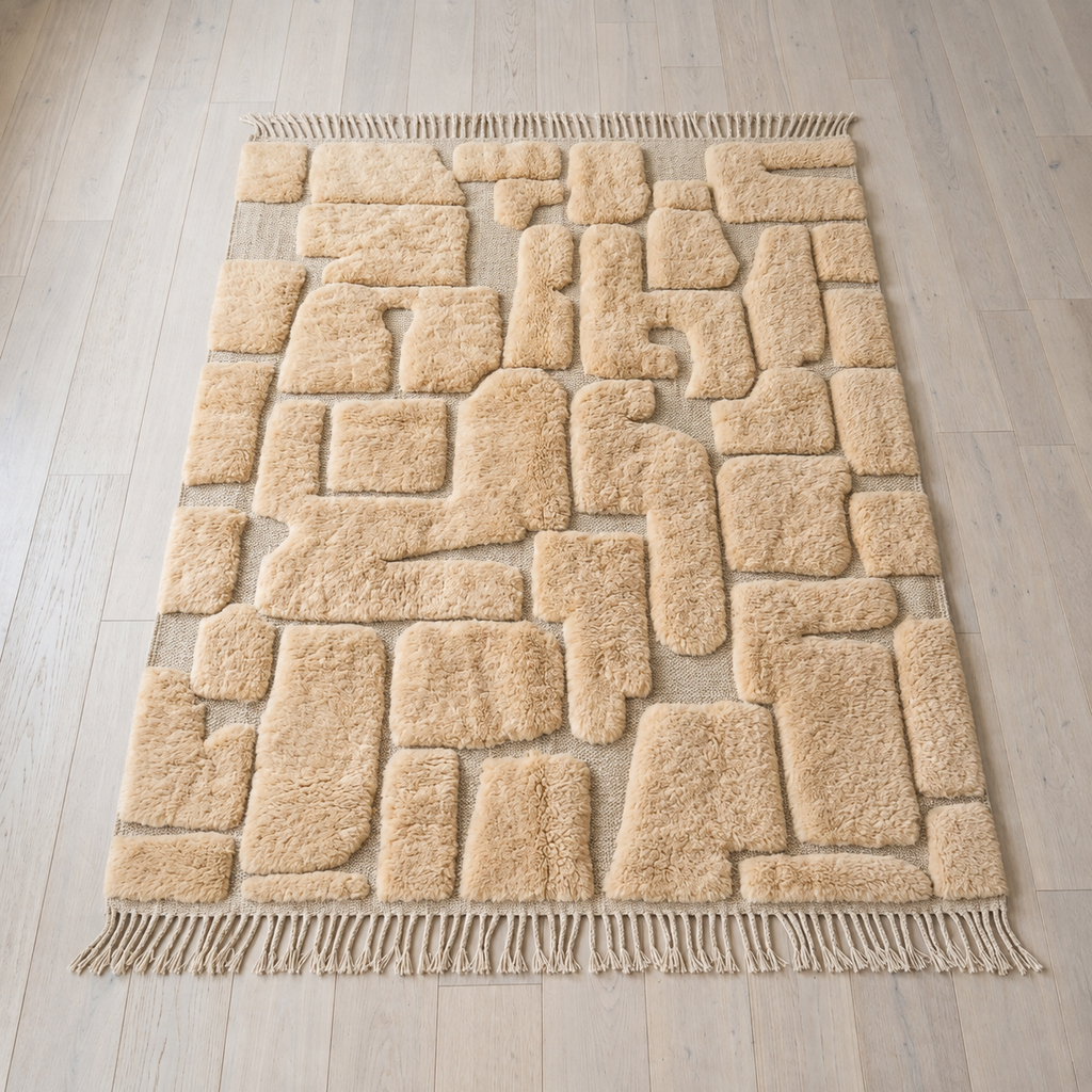 Beni Ourain Moroccan rug in sand wool 118 x 79 in with raised pile blocks on a flatweave ground