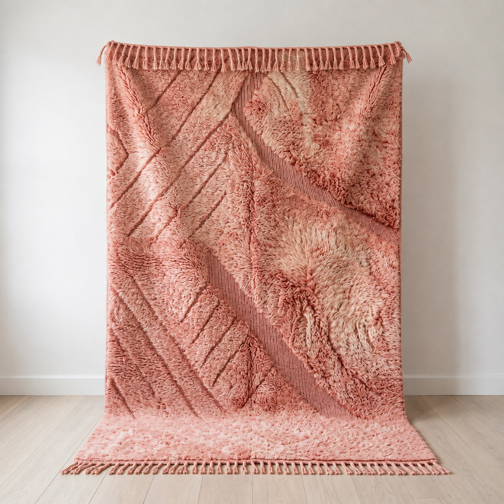 Pink Beni Ourain style Moroccan wool rug 71 x 98 in with long shaggy pile and flat woven diagonals