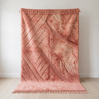 Pink Beni Ourain style Moroccan wool rug 71 x 98 in with long shaggy pile and flat woven diagonals