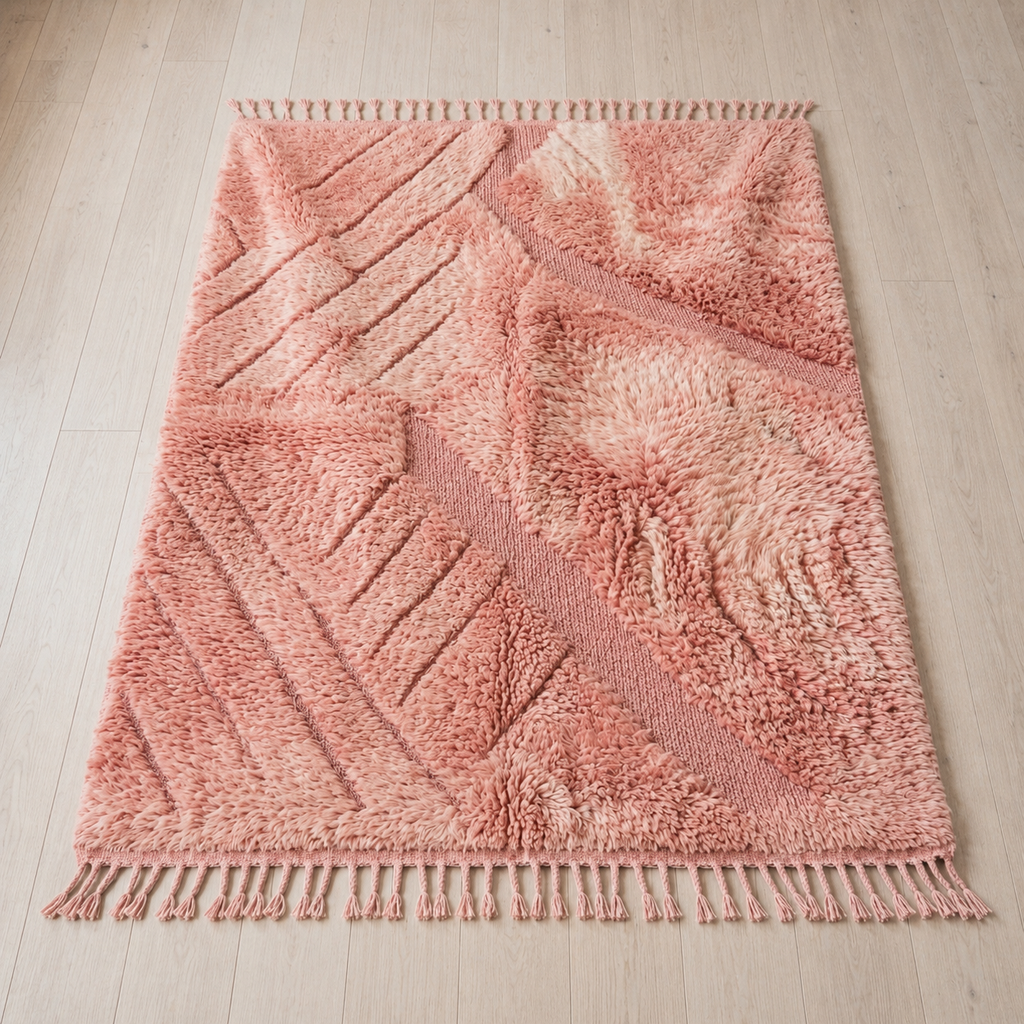 Pink Beni Ourain style Moroccan wool rug 71 x 98 in with long shaggy pile and flat woven diagonals