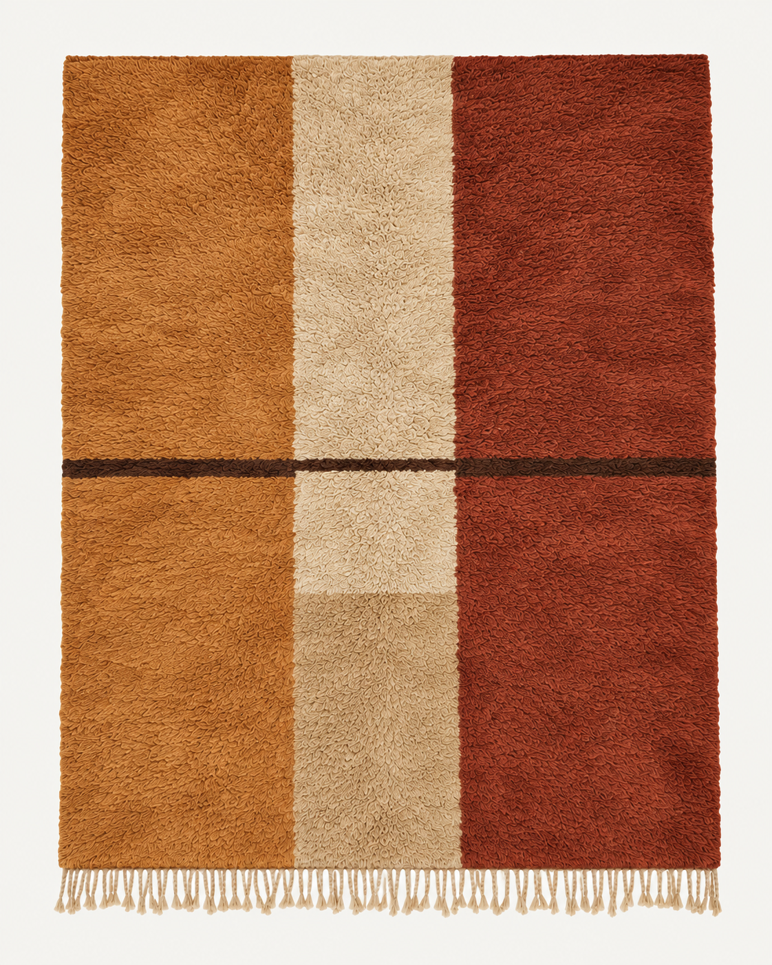 Saffron Line custom Beni Mrirt rug in saffron, warm ivory, terracotta and brown, hand-knotted in Morocco