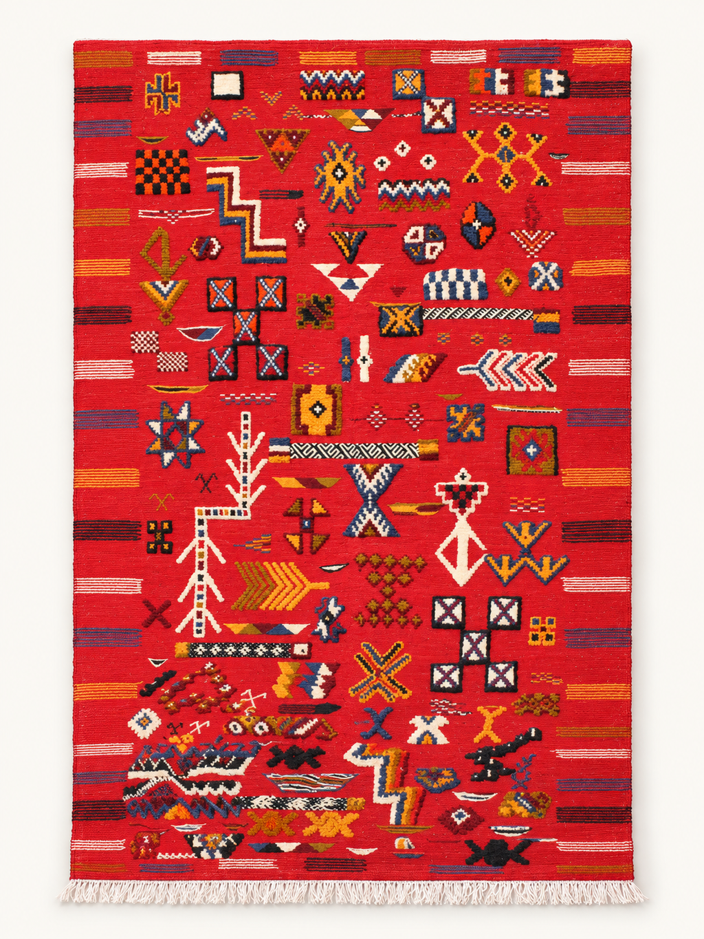 Scarlet Notes custom Taznakht rug with multicoloured hand-knotted motifs on a red flatweave wool ground