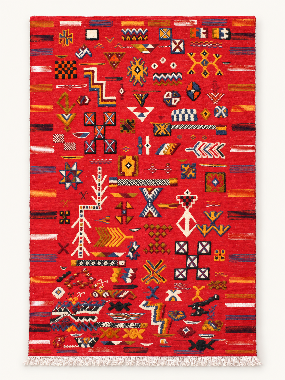 Scarlet Notes custom Taznakht rug with multicoloured hand-knotted motifs on a red flatweave wool ground