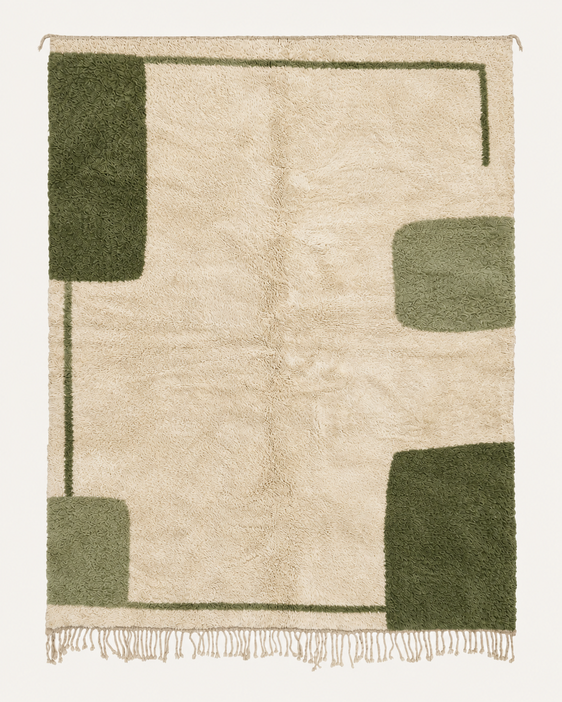 Still Points custom Beni Mrirt rug in warm ivory, sage and deep olive, hand-knotted in Morocco