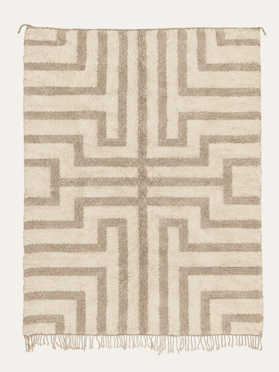 Custom Beni Mrirt rug in warm ivory and taupe with an architectural geometric line pattern, hand-knotted in Morocco