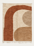 Custom Beni Mrirt rug with a curved terracotta form and camel shapes on an ivory ground, hand-knotted in Morocco