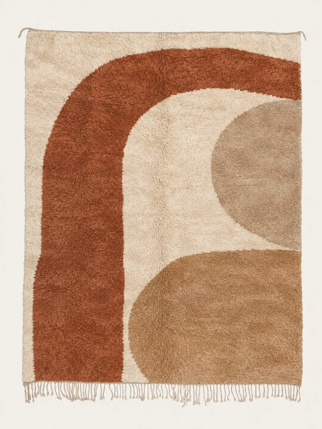 Custom Beni Mrirt rug with a curved terracotta form and camel shapes on an ivory ground, hand-knotted in Morocco