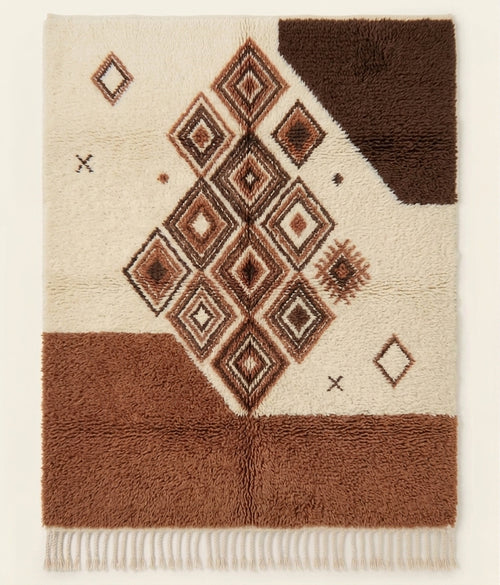 Terracotta Core Beni Ouarain custom Moroccan rug in ivory, terracotta and cocoa with Amazigh diamond motifs