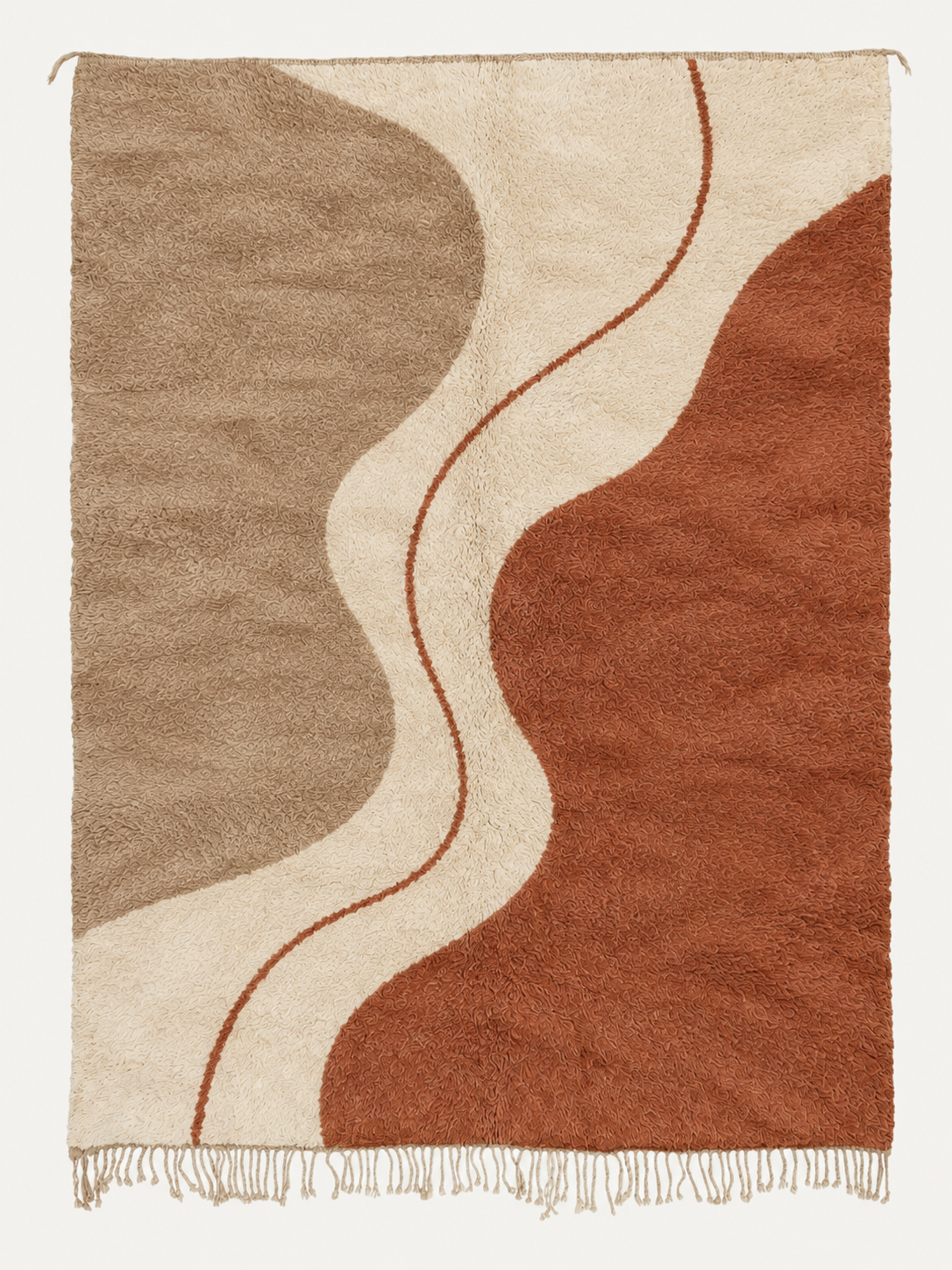 Custom Beni Mrirt rug in ivory, taupe and terracotta with a flowing curved composition, hand-knotted in Morocco
