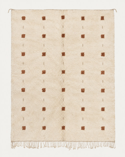 Terracotta Notes Beni Ouarain custom Moroccan rug with repeated terracotta square motifs on warm ivory wool