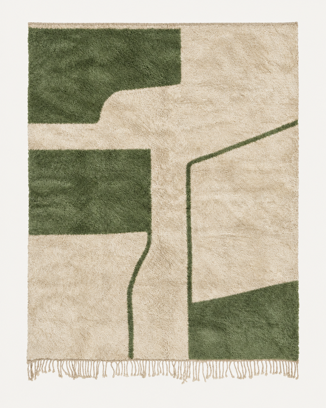 The Clearing custom Beni Mrirt rug in warm ivory and olive green, hand-knotted in Morocco