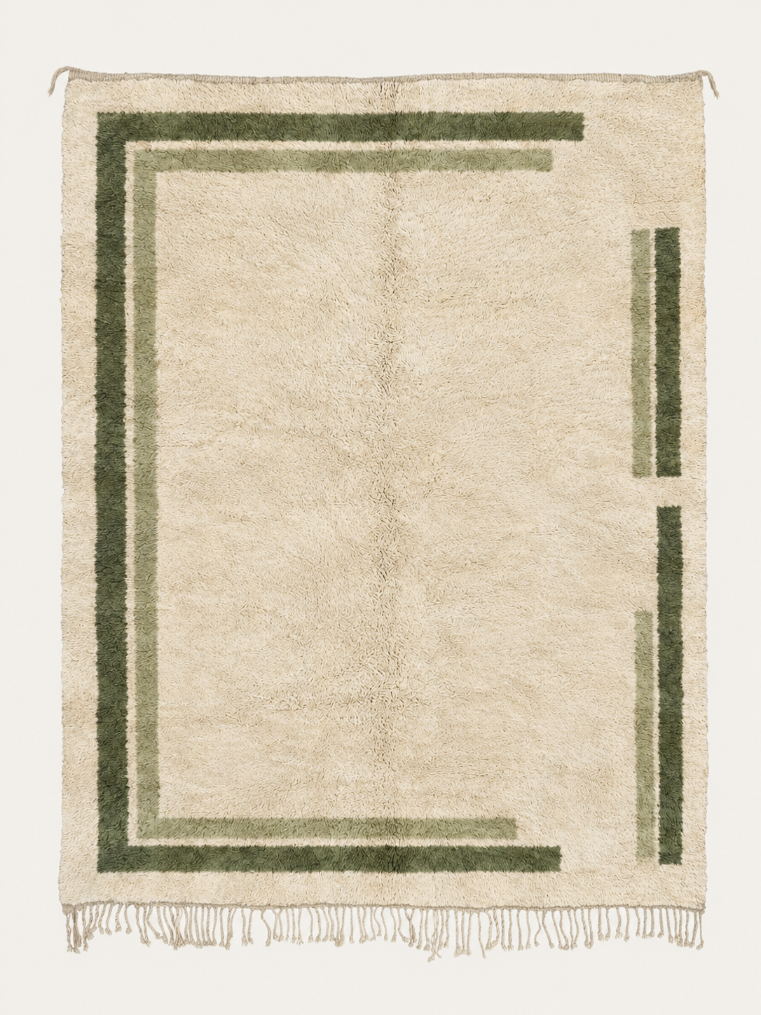 The Courtyard custom Beni Mrirt rug in warm ivory, sage and deep olive, hand-knotted in Morocco