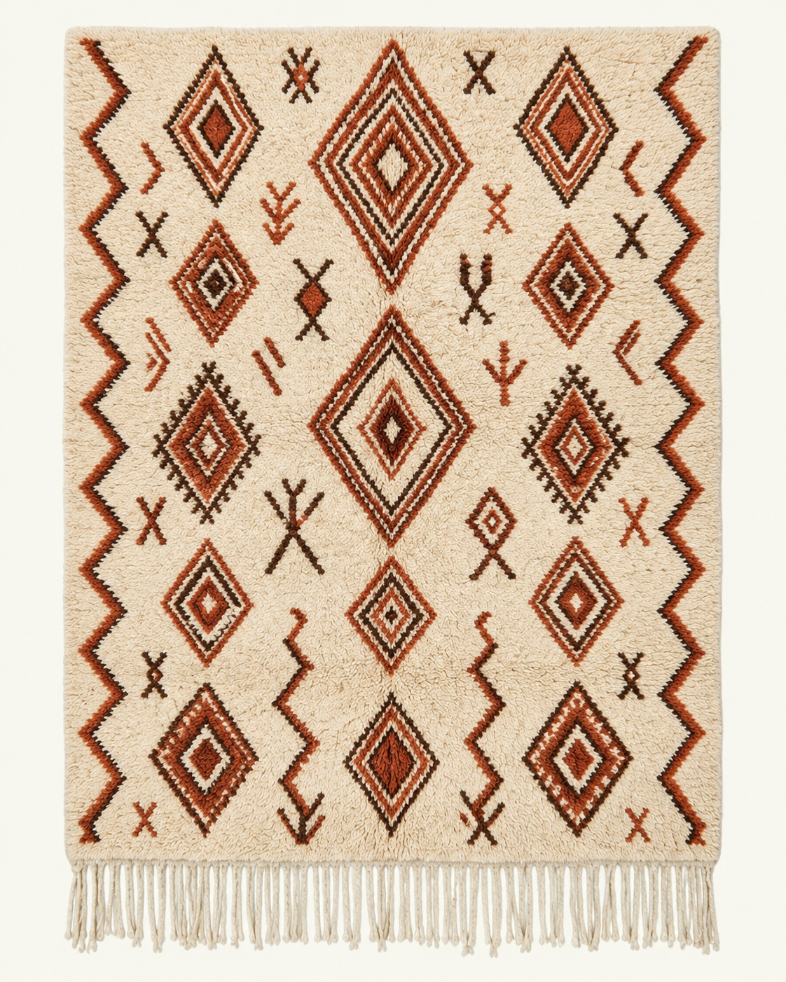 Threaded Marks custom Azilal rug in natural ivory, terracotta and deep brown, hand-knotted in Morocco