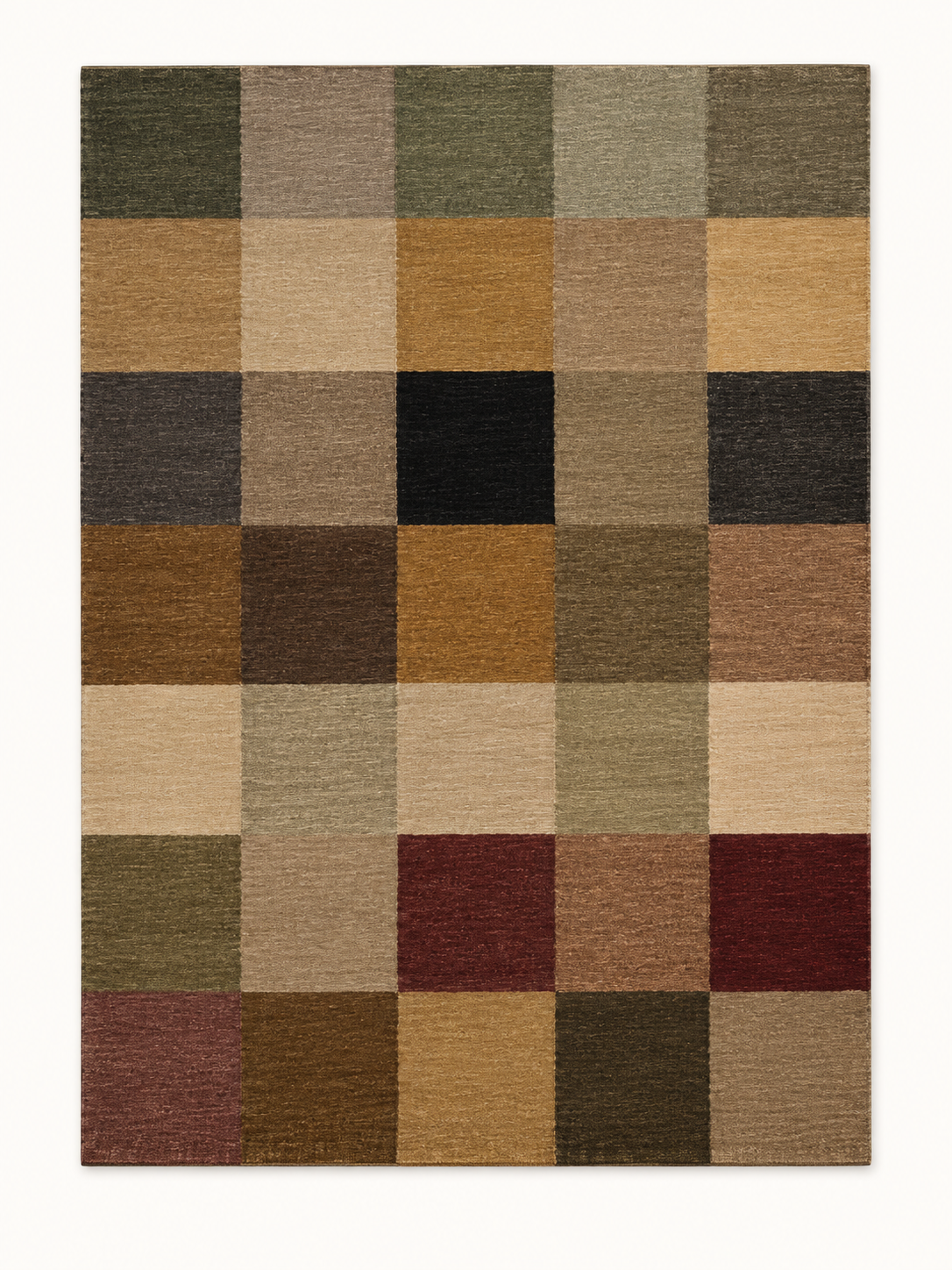 Tonal Grid custom Moroccan kilim rug with geometric blocks in olive, ochre, brown, burgundy, black and natural wool tones