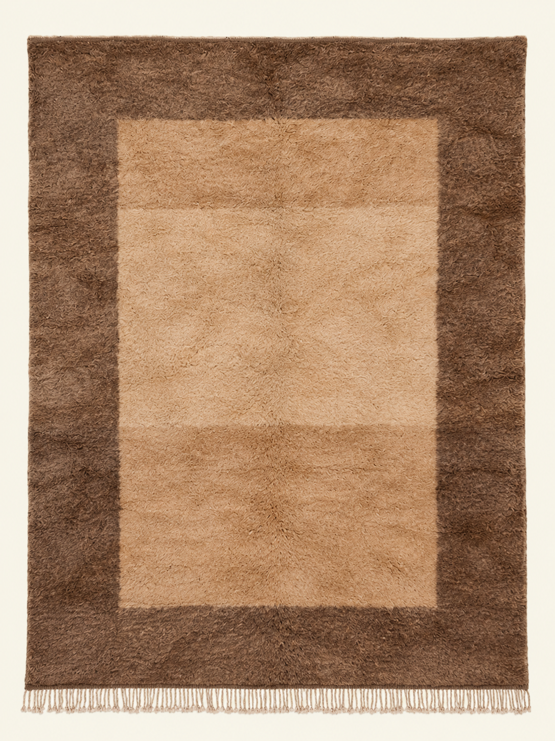 Umber Frame custom Beni Mrirt rug in warm beige, camel and umber brown, hand-knotted in Morocco