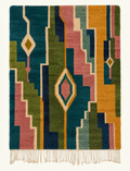 Verdant Mosaic custom Boujaad rug in deep teal, olive, ochre, dusty rose and navy, hand-knotted in Morocco