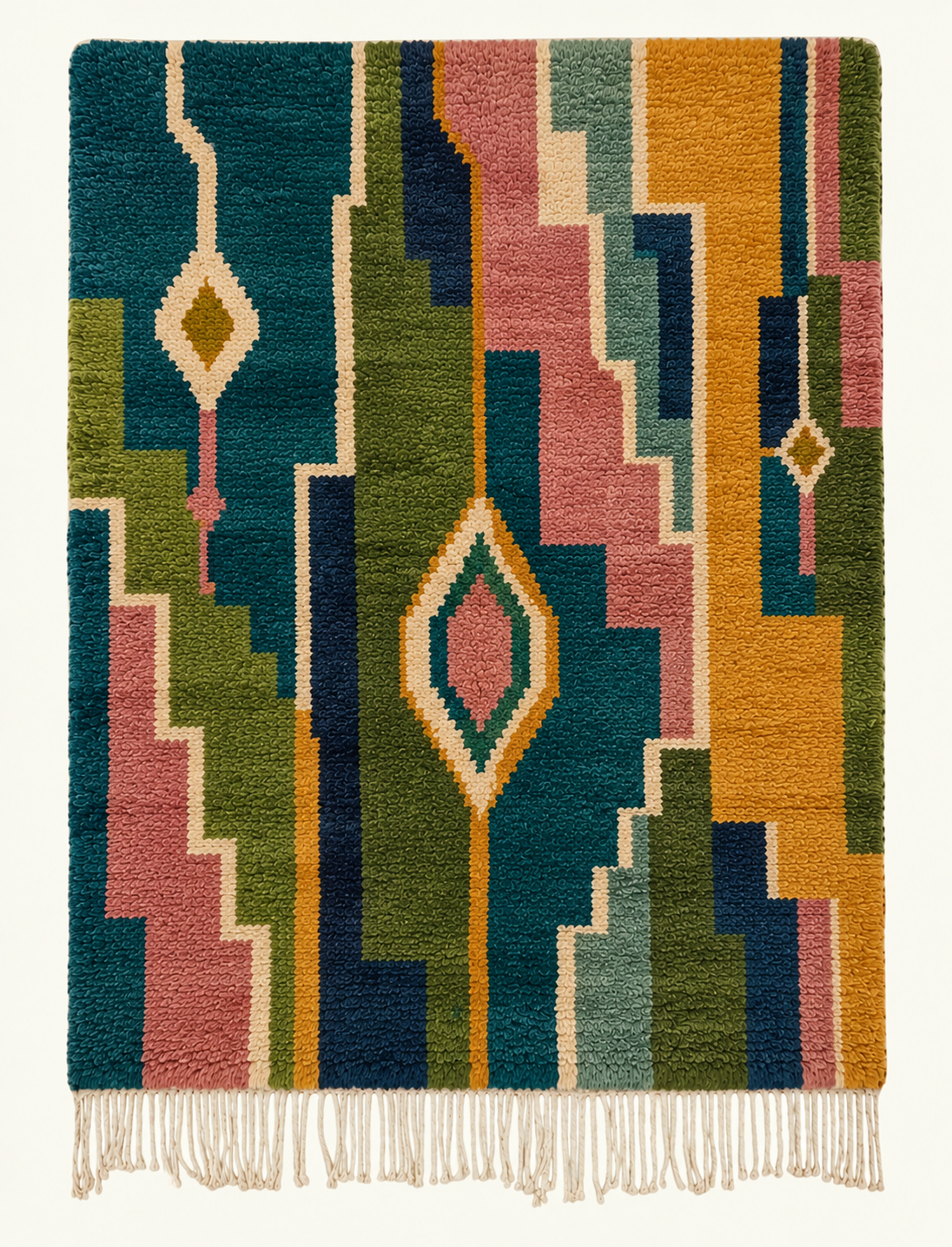 Verdant Mosaic custom Boujaad rug in deep teal, olive, ochre, dusty rose and navy, hand-knotted in Morocco