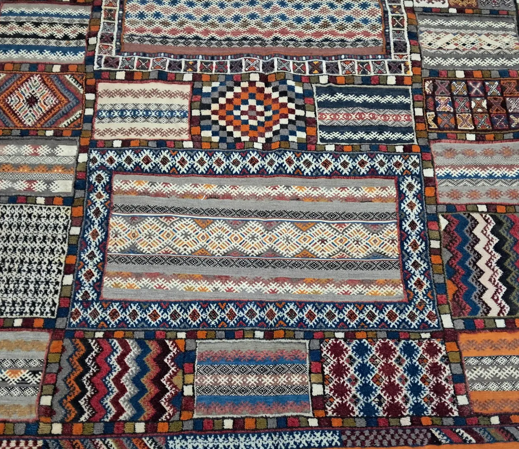 Close-up of Woven Anthology Taznakht rug showing varied Glaoui weaving structures and wool textures