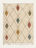Woven Chapters Beni Ouarain custom Moroccan rug with terracotta, ochre, olive and muted blue diamonds on warm ivory wool