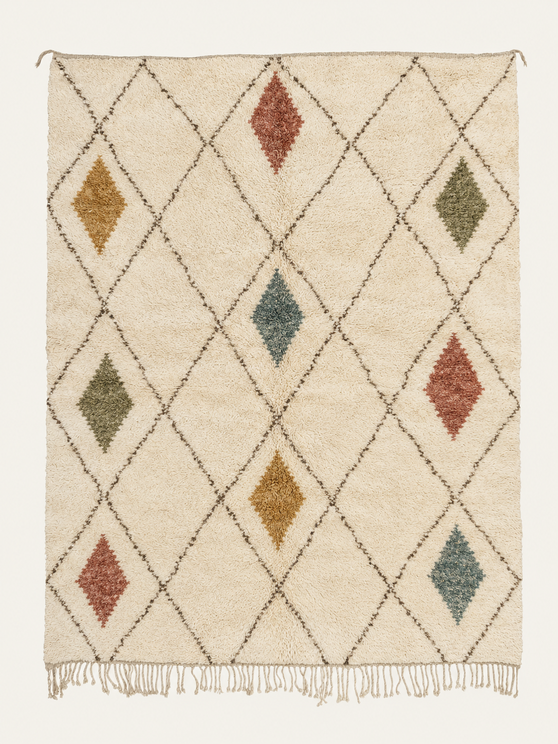 Woven Chapters Beni Ouarain custom Moroccan rug with terracotta, ochre, olive and muted blue diamonds on warm ivory wool