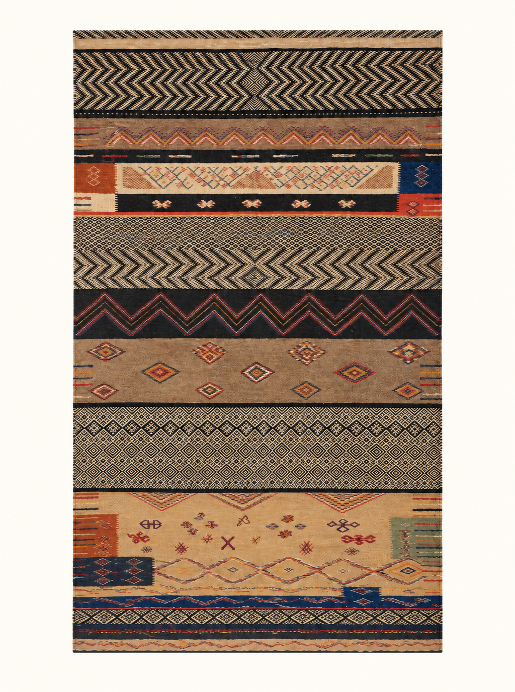 Woven Duality custom Taznakht flatweave rug combining Kharita and Zanafi technique, handwoven in Morocco