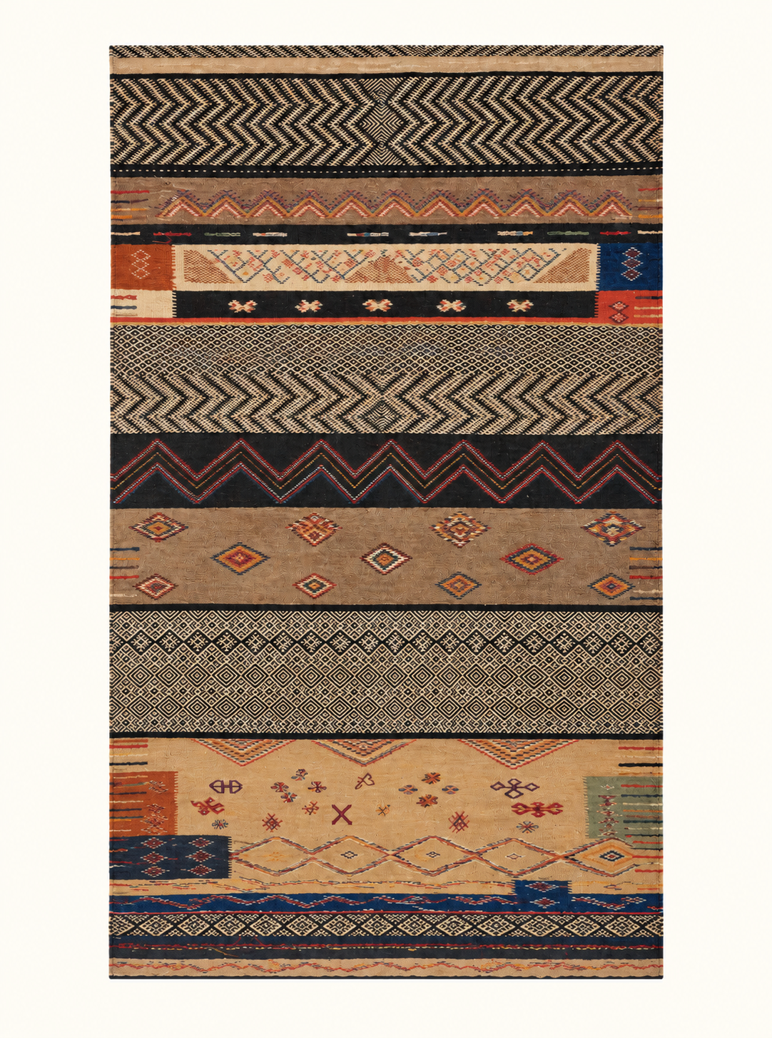 Woven Duality custom Taznakht flatweave rug combining Kharita and Zanafi technique, handwoven in Morocco