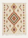 Woven Jewel Beni Ouarain custom Moroccan rug with terracotta, ochre, olive and dusty rose geometric medallions on warm ivory wool
