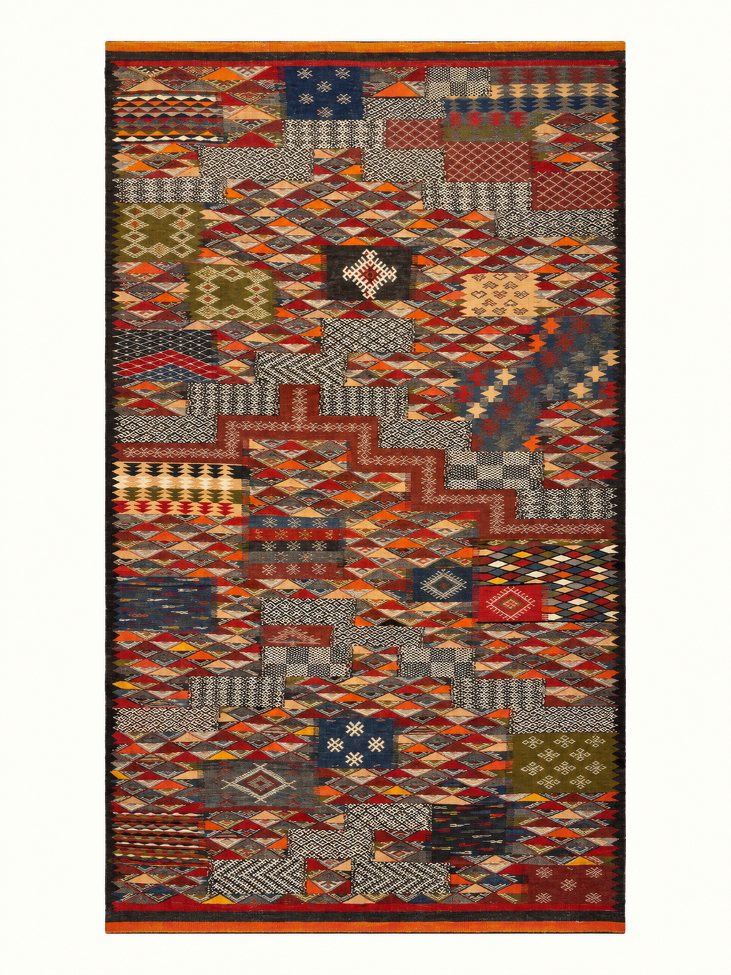 Woven Ledger custom Taznakht rug with Zanafi flatweave and hand-knotted wool motifs in red, orange, navy, olive and ivory