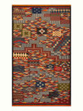 Woven Ledger custom Taznakht rug with Zanafi flatweave and hand-knotted wool motifs in red, orange, navy, olive and ivory