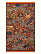 Woven Ledger custom Taznakht rug with Zanafi flatweave and hand-knotted wool motifs in red, orange, navy, olive and ivory
