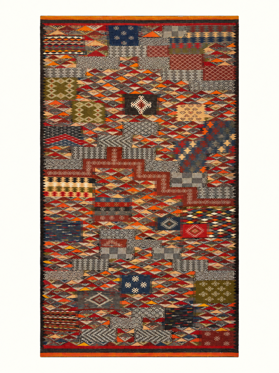 Woven Ledger custom Taznakht rug with Zanafi flatweave and hand-knotted wool motifs in red, orange, navy, olive and ivory