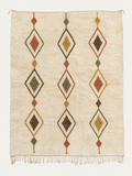 Woven Lineage Beni Ouarain custom Moroccan rug with vertical terracotta, ochre, olive and brown diamond motifs on warm ivory wool