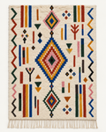 Woven Notes custom Azilal rug in natural ivory with cobalt, saffron, terracotta, pink and green, hand-knotted in Morocco