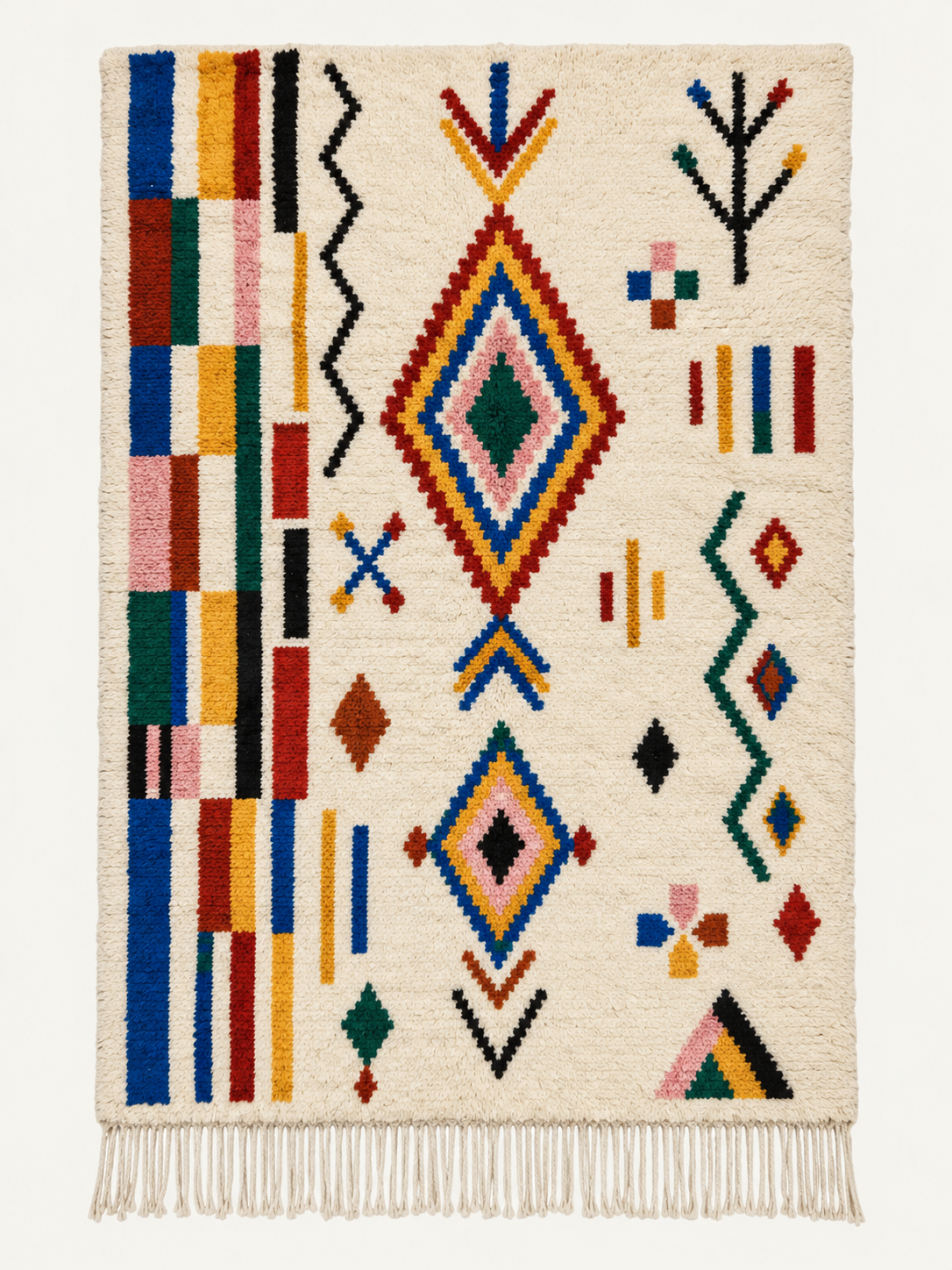 Woven Signals custom Azilal rug in natural ivory with blue, saffron, terracotta, pink, green and black, hand-knotted in Morocco