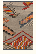Woven Topography custom Taznakht rug with Zanafi flatweave and raised hand-knotted wool motifs in ivory, red, orange, blue and black