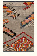 Woven Topography custom Taznakht rug with Zanafi flatweave and raised hand-knotted wool motifs in ivory, red, orange, blue and black