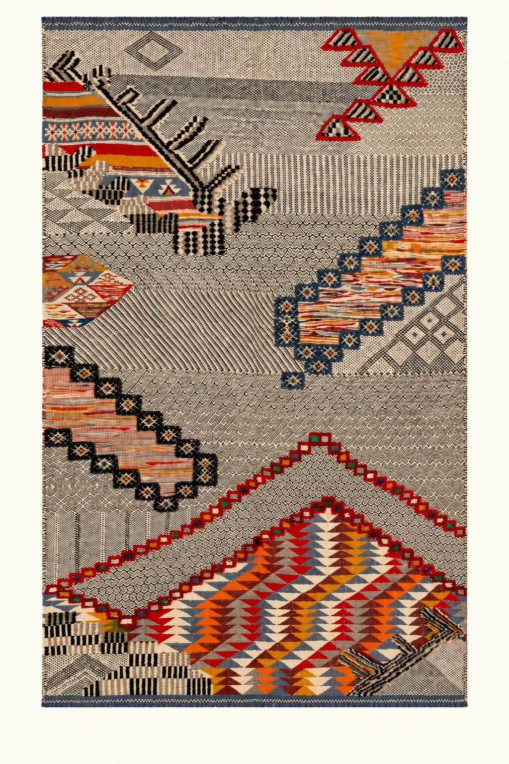 Woven Topography custom Taznakht rug with Zanafi flatweave and raised hand-knotted wool motifs in ivory, red, orange, blue and black