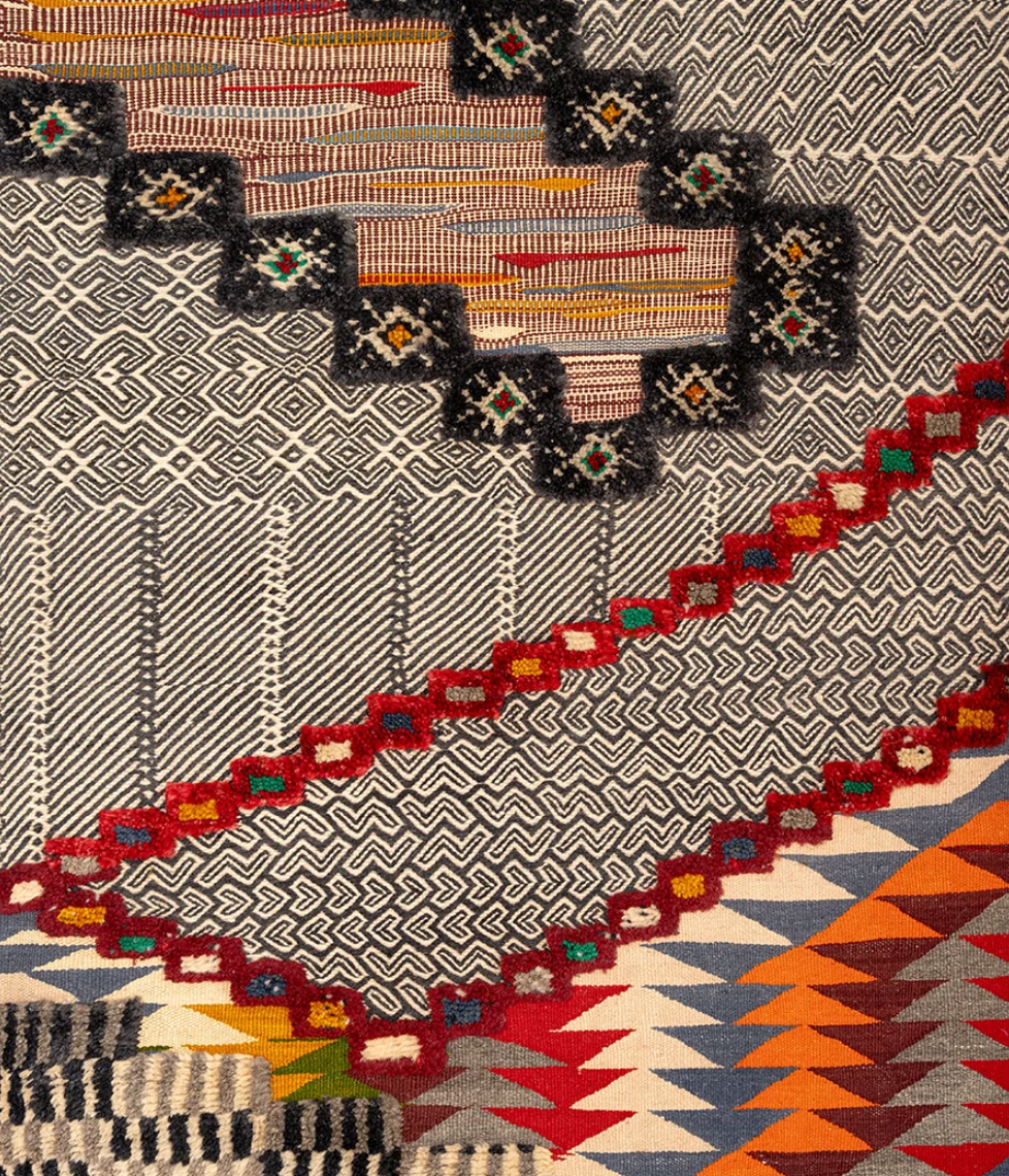 Close-up of Woven Topography Taznakht rug showing Zanafi flatweave and raised hand-knotted wool texture